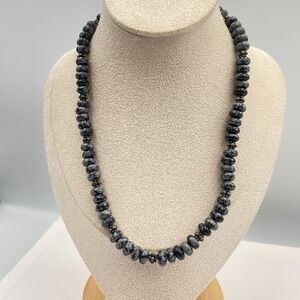 Vintage Snowflake Obsidian Necklace Women 16" Black Grey Excellent Beaded Toggle